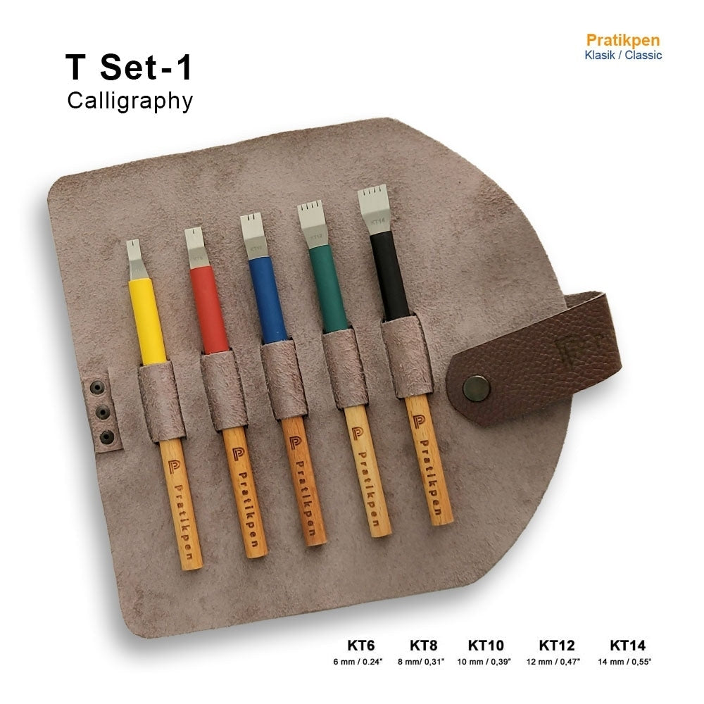 Pratikpen T Set-1 is a 5-piece straight-cut stainless steel calligraphy pen set with ergonomic wooden handles. Smooth ink flow, durable, perfect for lettering and art.