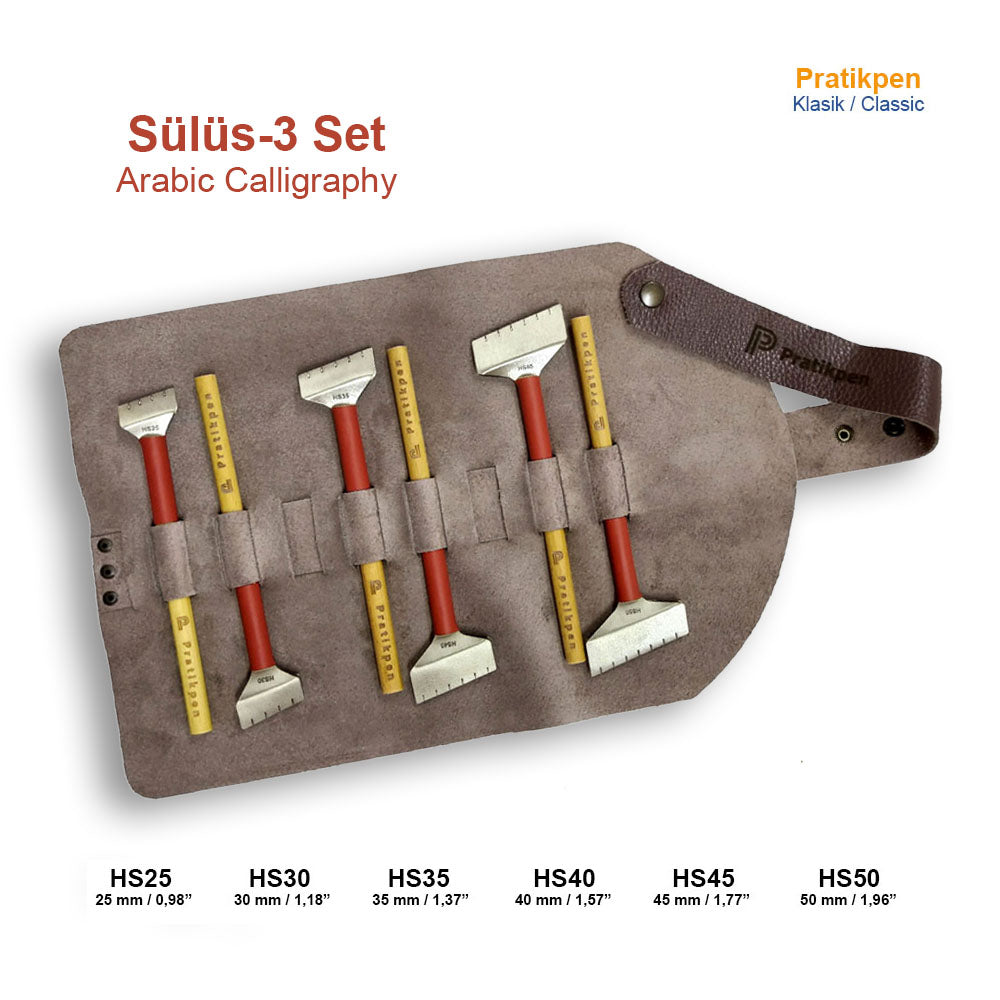 The Pratikpen Celi Sülüs-3 Set is a professional 6-piece Arabic calligraphy pen collection designed specifically for extra-large Thuluth (Celi Sülüs) script. Each handmade pen features a natural wooden handle and a wide stainless-steel nib for bold, expressive strokes—perfect for murals, signage, large-scale artworks, and advanced calligraphy practice.