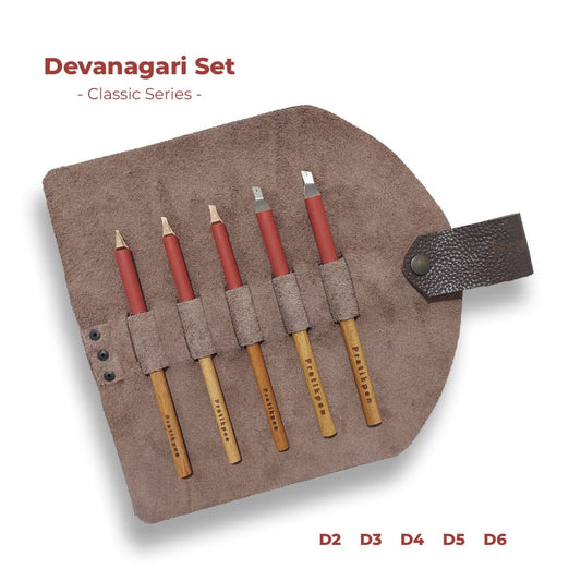 Pratikpen Devanagari Calligraphy Set with stainless steel tips and wooden handles. High ink capacity, smooth strokes, ideal for beginners and professionals.