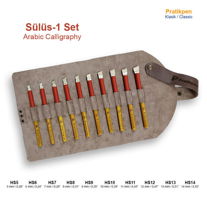 The Pratikpen Sülüs-1 Set is a premium 10-piece Arabic Thuluth calligraphy pen collection designed for professional artists, students, and enthusiasts. Each pen features a handcrafted wooden handle and a corrosion-resistant metal nib for smooth, controlled, and expressive writing.