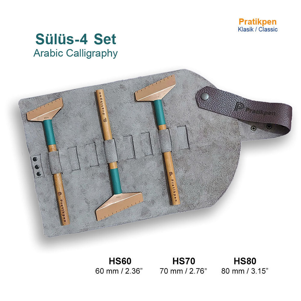 The Pratikpen Sülüs-4 Set is a premium 3-piece Arabic calligraphy pen collection created for extra-wide Thuluth (Sülüs) writing. Each handmade pen features a durable wooden handle and a large stainless-steel nib, ideal for bold strokes, signage, murals, and expressive large-scale Arabic calligraphy.