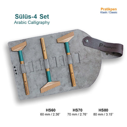 The Pratikpen Sülüs-4 Set is a premium 3-piece Arabic calligraphy pen collection created for extra-wide Thuluth (Sülüs) writing. Each handmade pen features a durable wooden handle and a large stainless-steel nib, ideal for bold strokes, signage, murals, and expressive large-scale Arabic calligraphy.