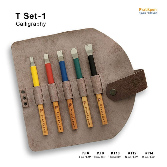 Pratikpen T Set-1 is a 5-piece straight-cut stainless steel calligraphy pen set with ergonomic wooden handles. Smooth ink flow, durable, perfect for lettering and art.