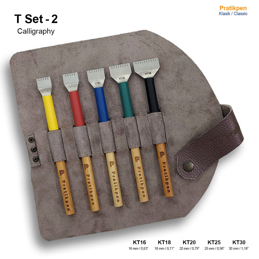 Pratikpen T Set-2 is a 5-piece straight-cut calligraphy pen set with wide stainless-steel nibs and natural wooden handles. Perfect for bold lettering, calligraphy, and design.