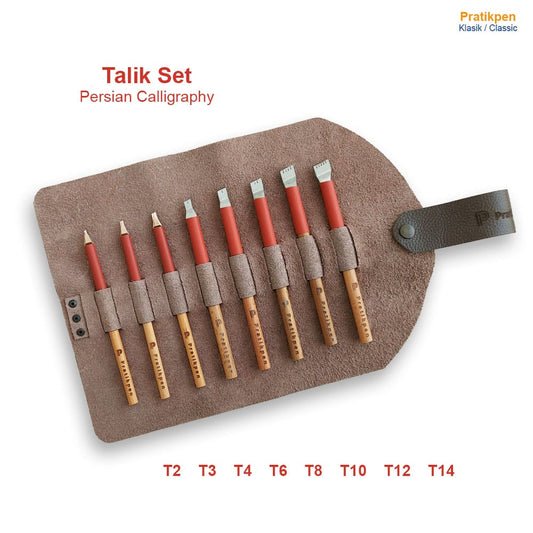 Pratikpen Talik Calligraphy Set includes 8 handcrafted beechwood pens with durable metal nibs for Persian Talik writing. Smooth ink flow, strong nibs, perfect for all skill levels.