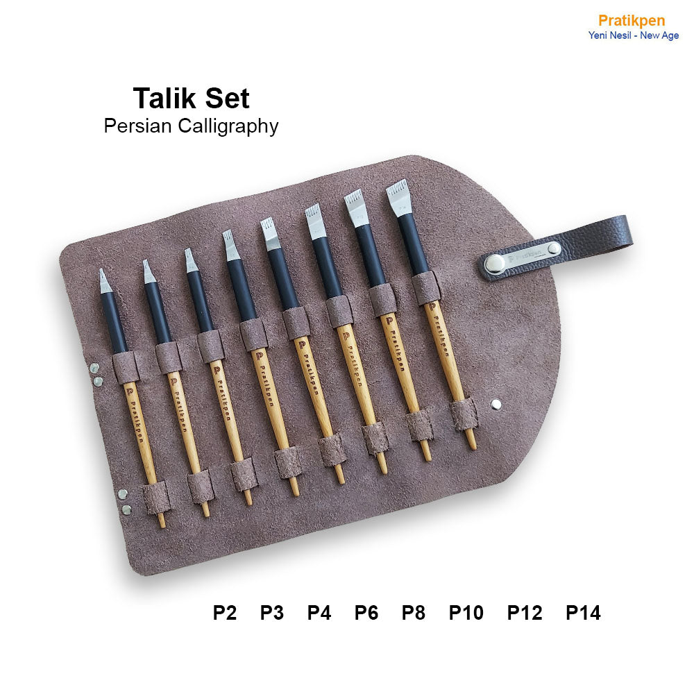 A professional New Age Taliq calligraphy pen set designed for Persian script. Stainless-steel nibs, extended ink flow, expert-tested performance, and smooth writing on all surfaces. Perfect for fine, sharp, and fluid calligraphy work.