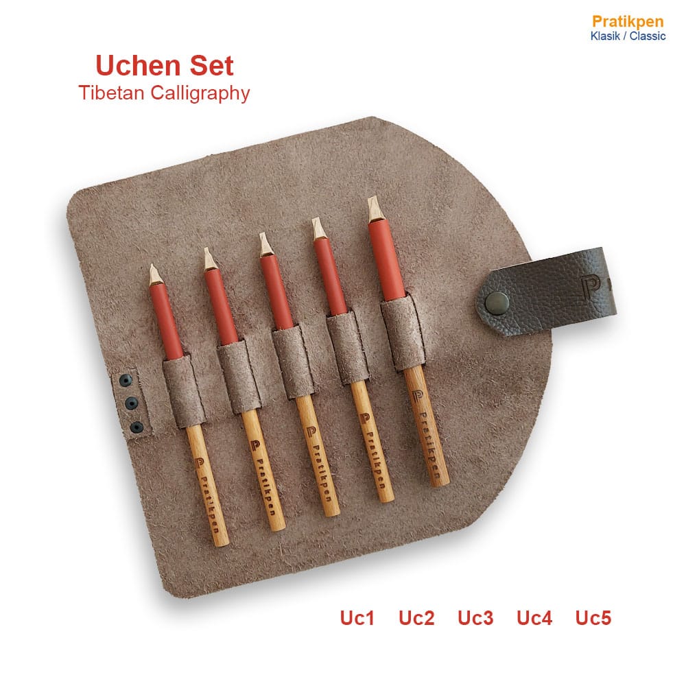 Pratikpen Tibetan Uchen Calligraphy Pen Set with stainless steel tips, wooden handles, and leather case. High ink capacity, smooth strokes, all skill levels