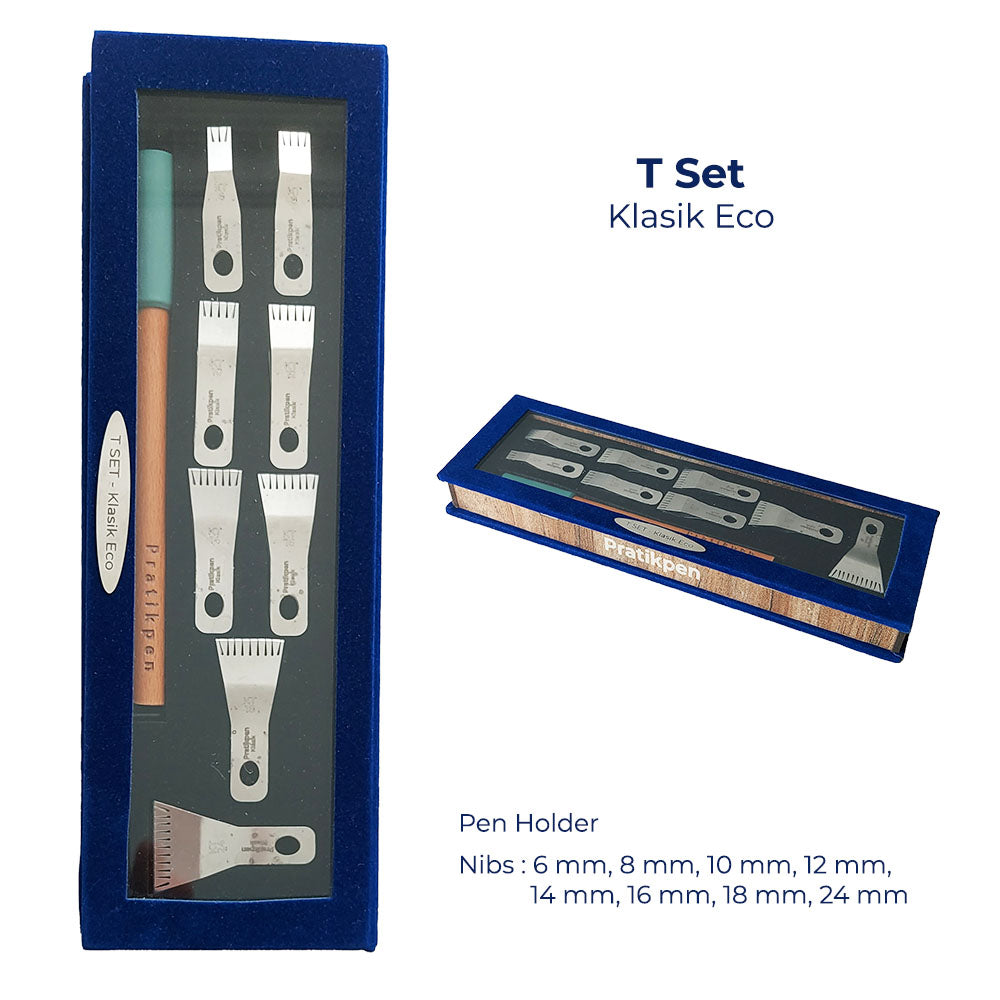 Pratikpen T Set - Classic Eco | Calligraphy Pen Set with Interchangeable Steel Nibs &amp; Beechwood Holder